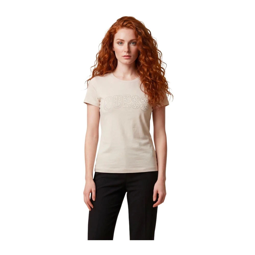 Guess Women's Beige T-Shirts, Xs, Rhinestone Embellished Printed T-Shirt