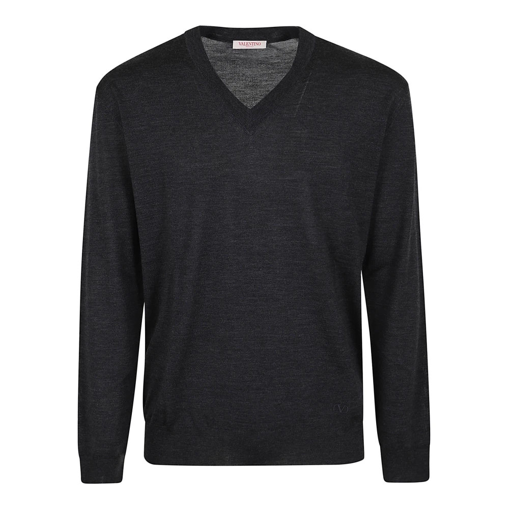 Valentino Garavani Men's Gray V-Neck Knitwear,, Signature V-Neck Wool Jumper Small