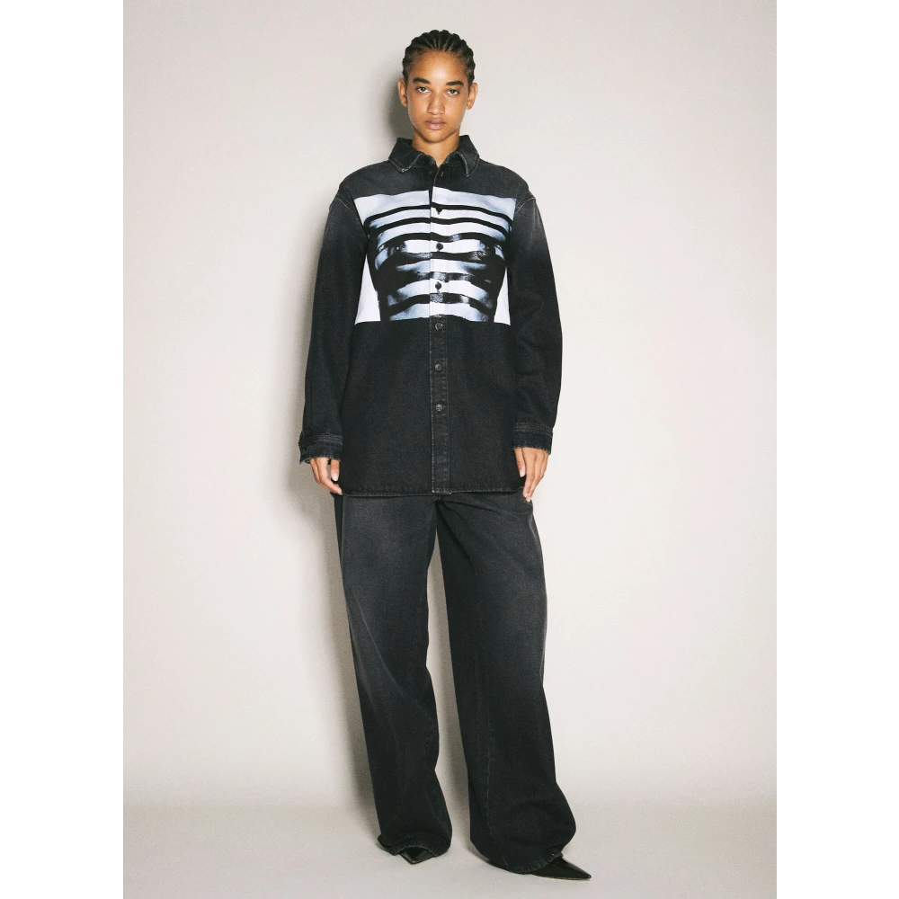 Jean Paul Gaultier Mariniere Print Denim Overhemd Black Dames