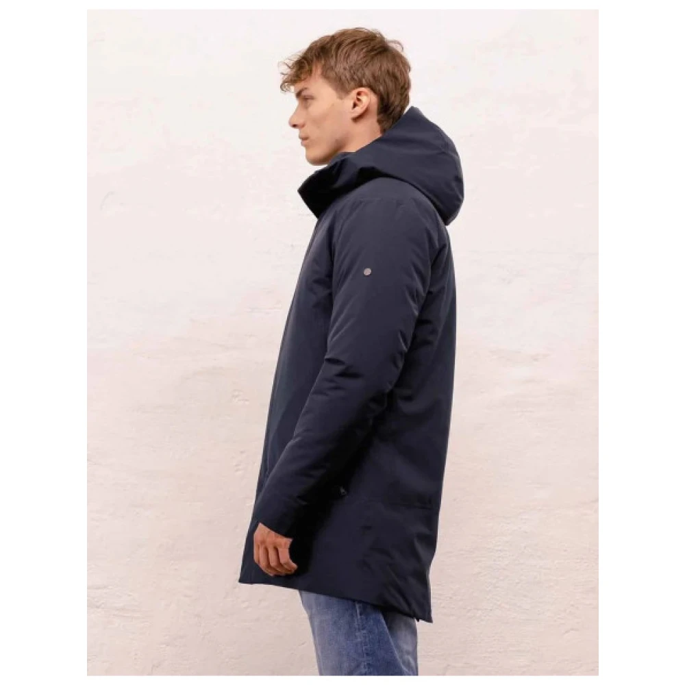 Scandinavian Edition Minimalistische Mid-Length Parka met Capuchon Blue Heren