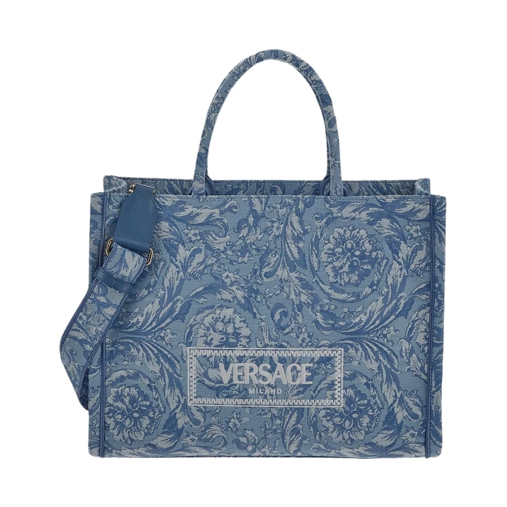 Versace Blauwe Jacquard Shopper Tas Canvas Blue Dames