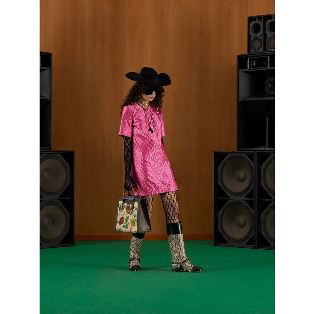 Gucci Geborduurde Crewneck Zijden Jurk Pink Dames