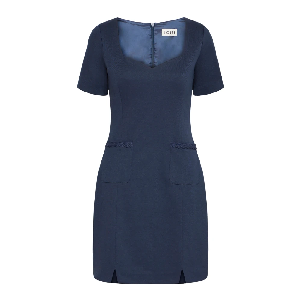 Ichi Vrouwelijke Jurk met Korte Mouwen en Zakken Blue Dames
