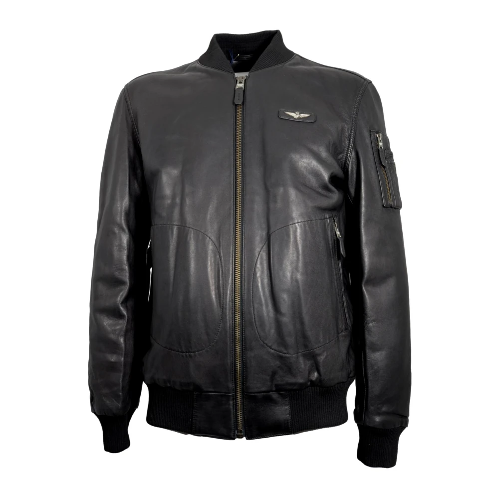Aeronautica Militare Men's Black Bomber Jackets, 3XL, Leather Bomber Jacket With Metal Eagle