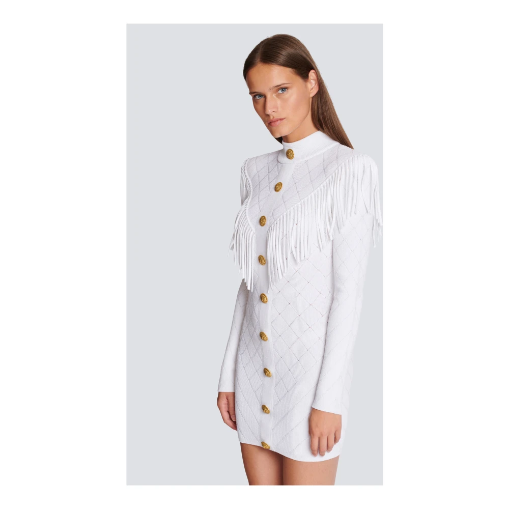 Balmain Kort gefranjerd fijngebreid jurkje White Dames