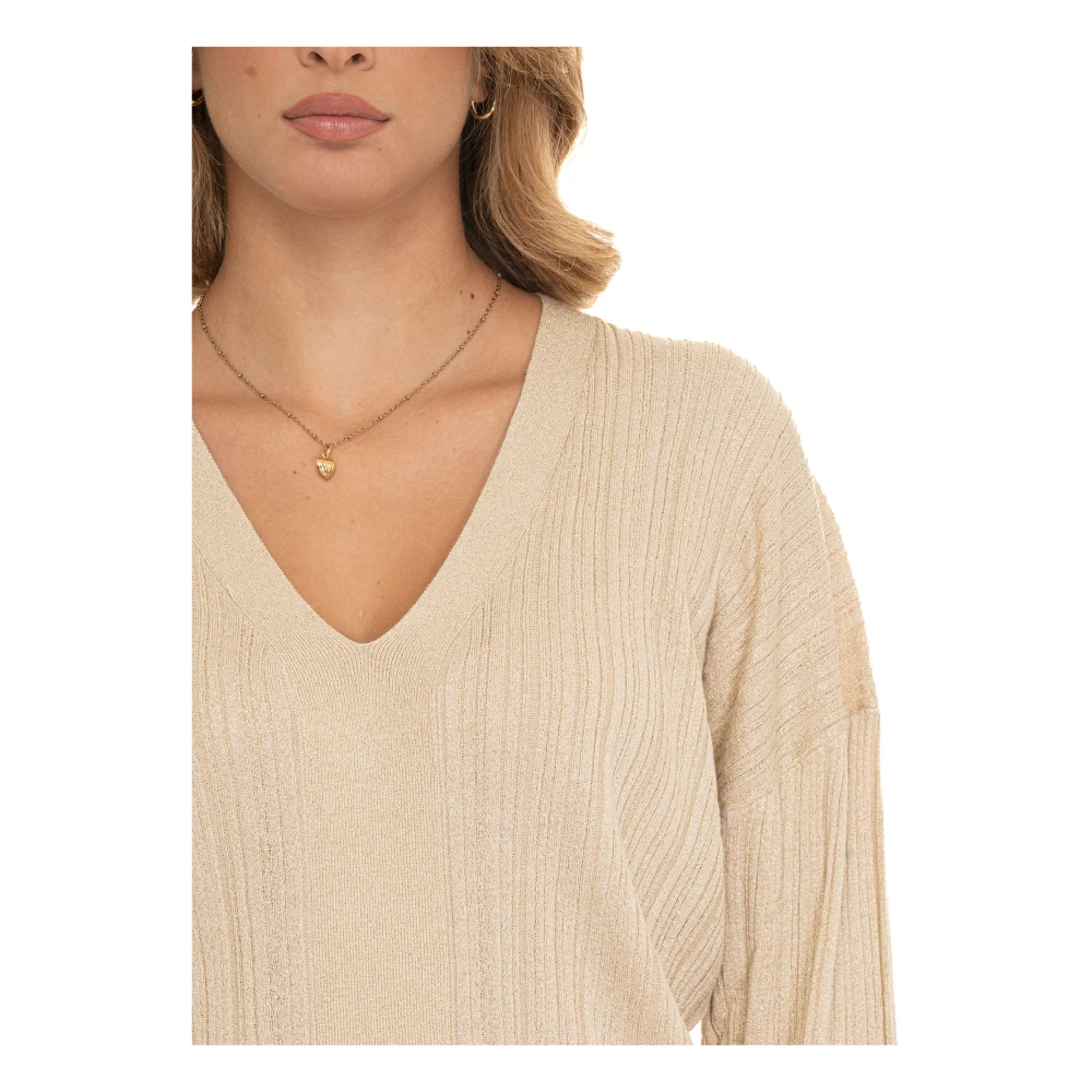 Liu Jo V-hals Lurex Pullover met Ribbewerking Yellow Dames