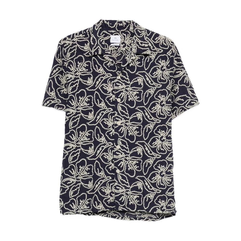 Ps By Paul Smith Men's Blue Short Sleeve Shirts, S, Floral Embroidered Short-Sleeve Shirt