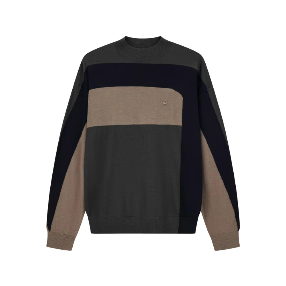 Emporio Armani Grå Ull Crewneck Sweater Jacquard Färgblock