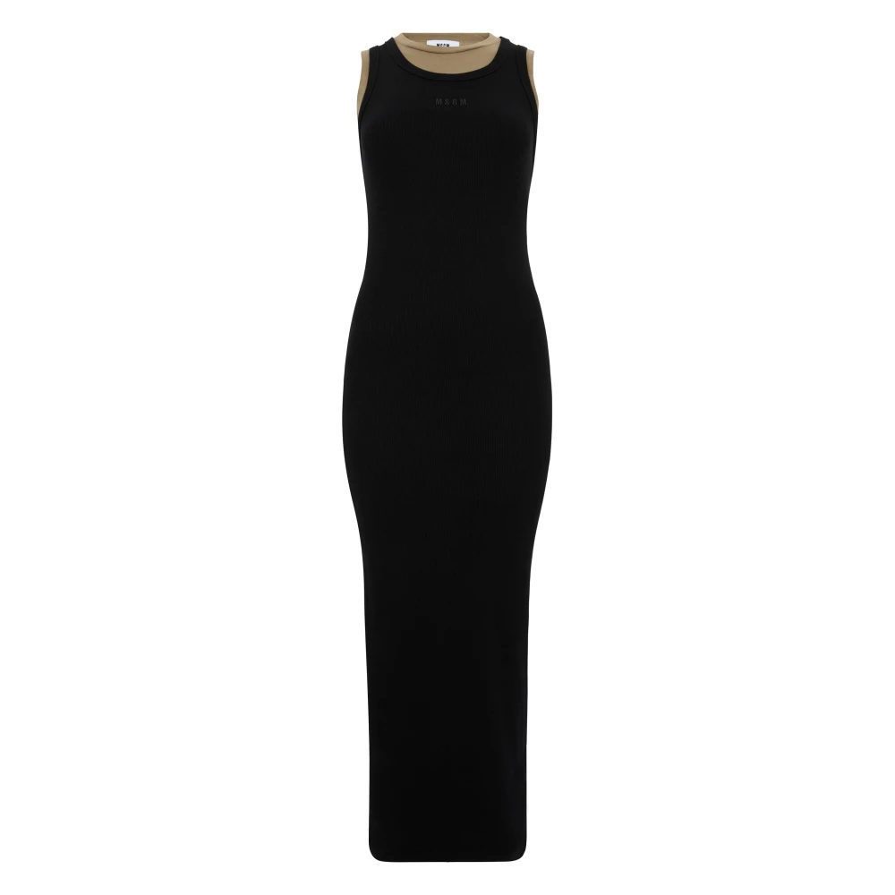Msgm Geribbelde Katoenen Jurk Nero Black Dames