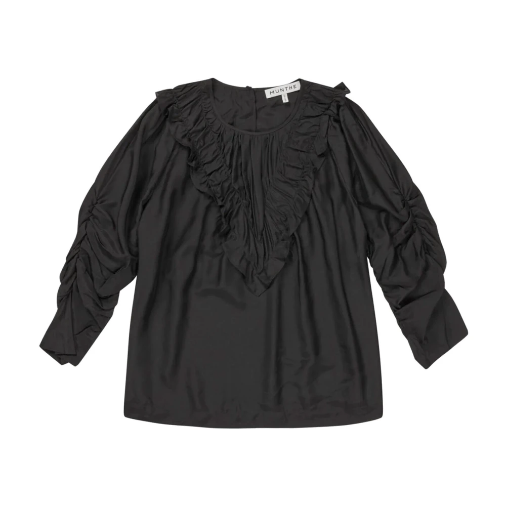 Munthe Elegante Zijden Blouse met V-hals Detail Black Dames
