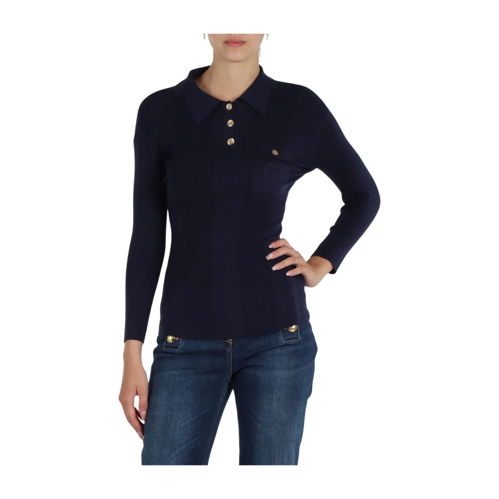 Elisabetta Franchi Gebreide zijde blend polo shirt Blue Dames