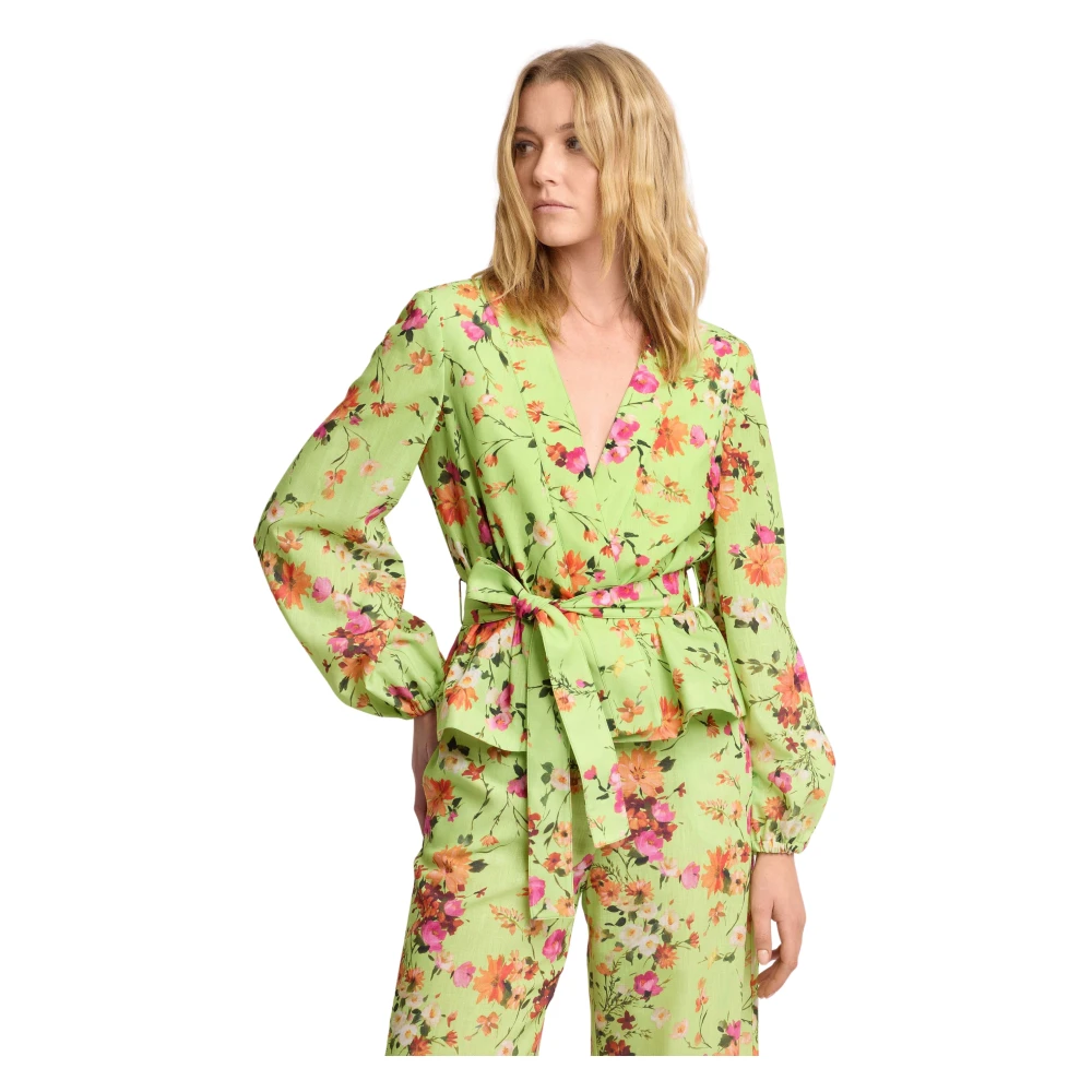 Kocca Women's Green Blouses, L, Elegant Floral Wrap Around Top