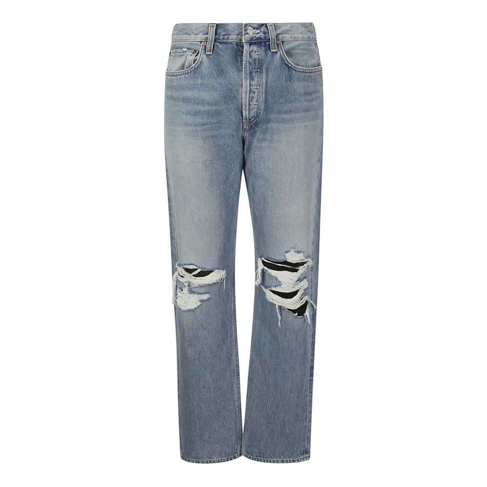 Agolde High-Waisted Straight Jeans met Scheuren op de Knieën Blue Dames