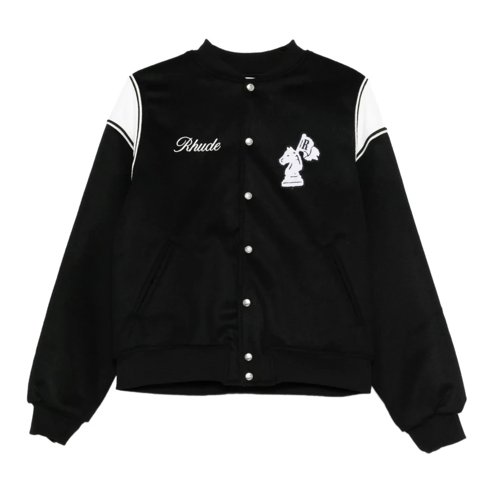 Rhude Men's Black Bomber Jackets, M, Baggy Collegiate Logo Short Bomber