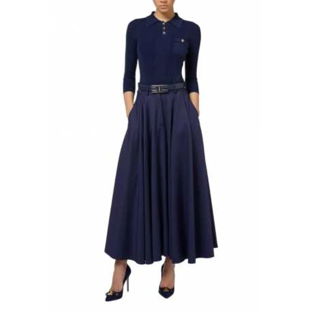 Elisabetta Franchi Navy Polo Shirt 3 4 Mouw Metalen Knopen Blue Dames