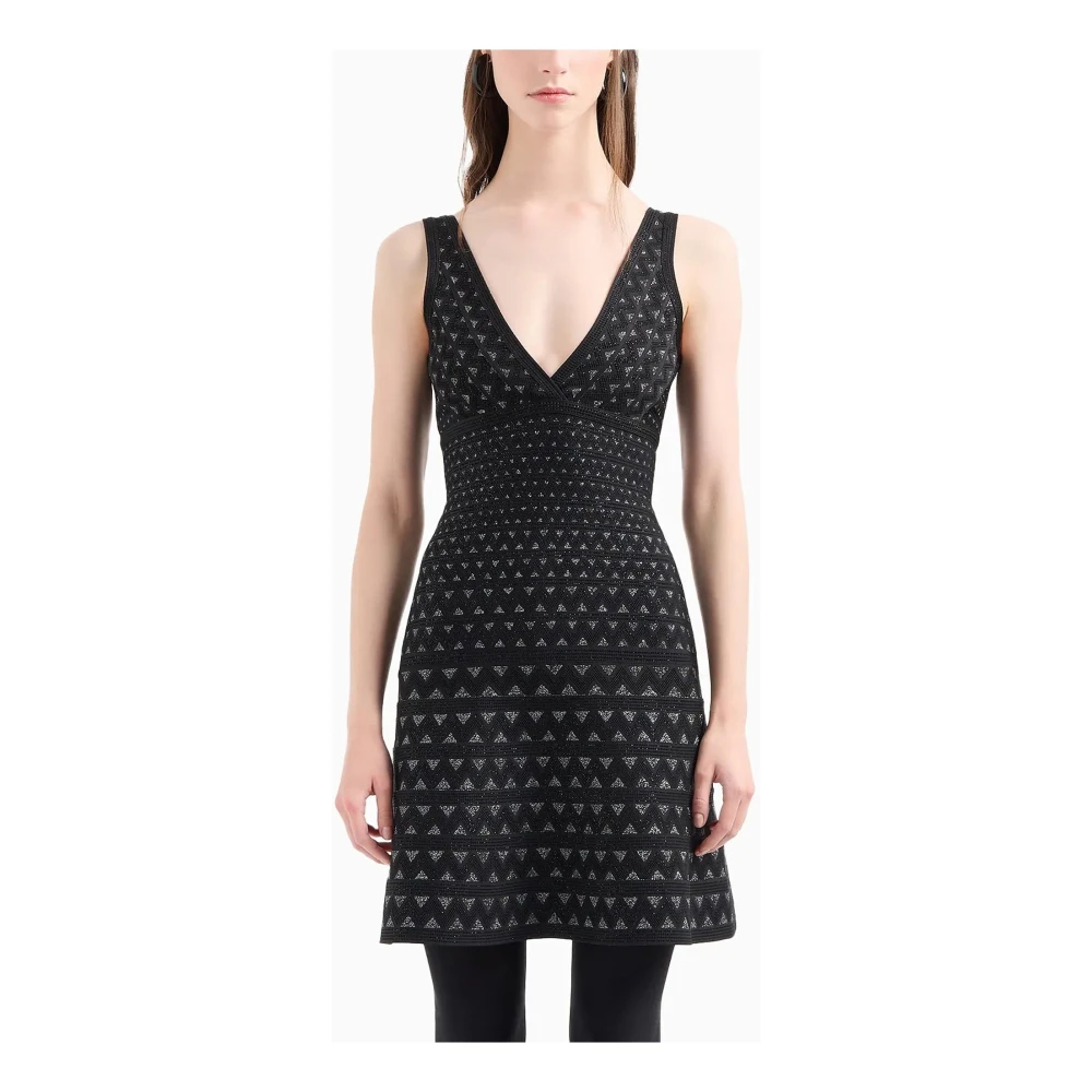 Emporio Armani Zwart Jacquard Gebreide Jurk V-Hals Black Dames
