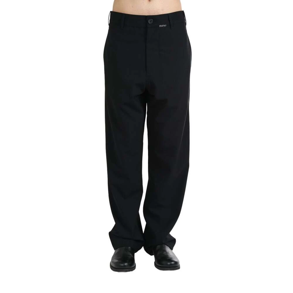 Marni Zwarte Wollen Blend Geborduurde Logo Broek Black Heren