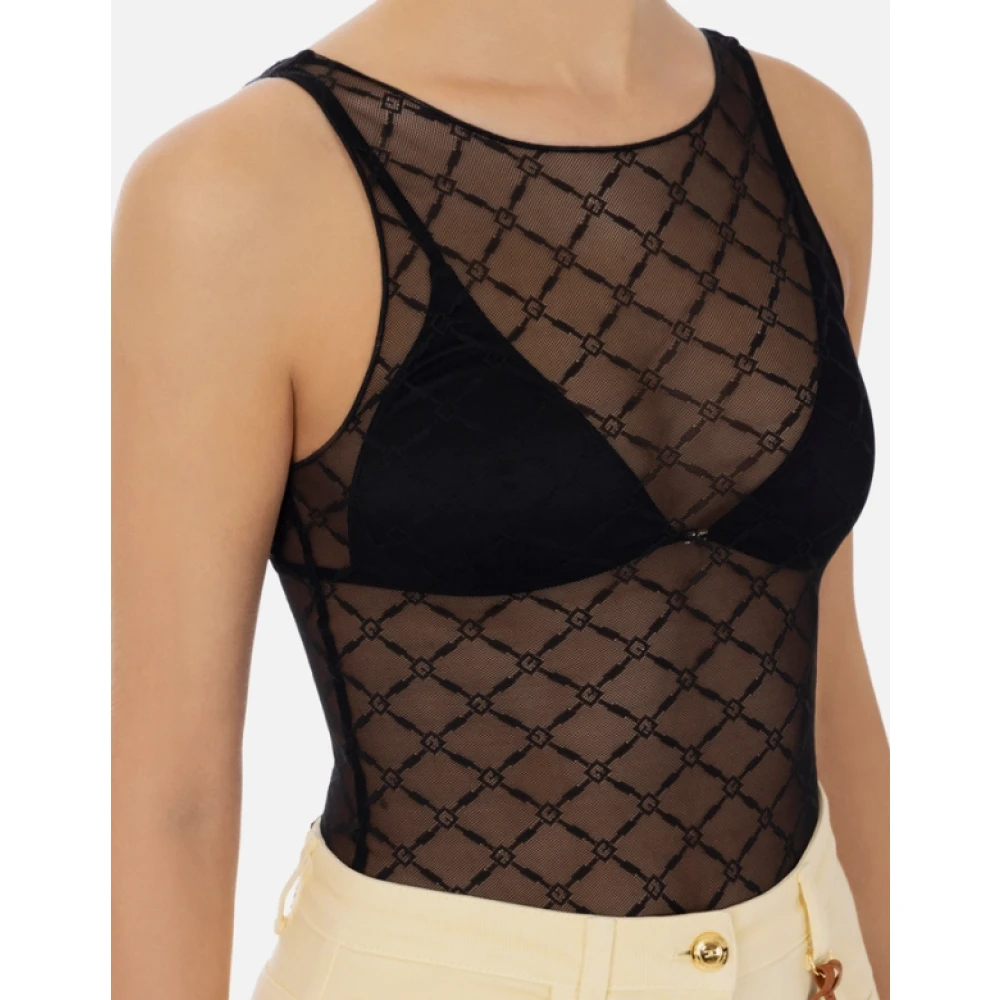 Elisabetta Franchi Mouwloze bodytop in jacquard tule Black Dames