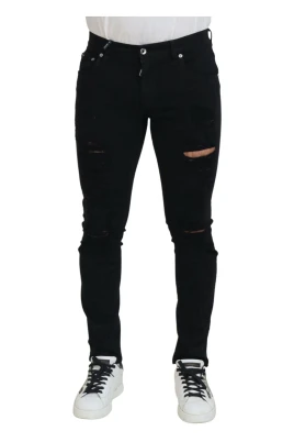 Svarta Slim Fit Sönderrivna Denim Bomullsjeans