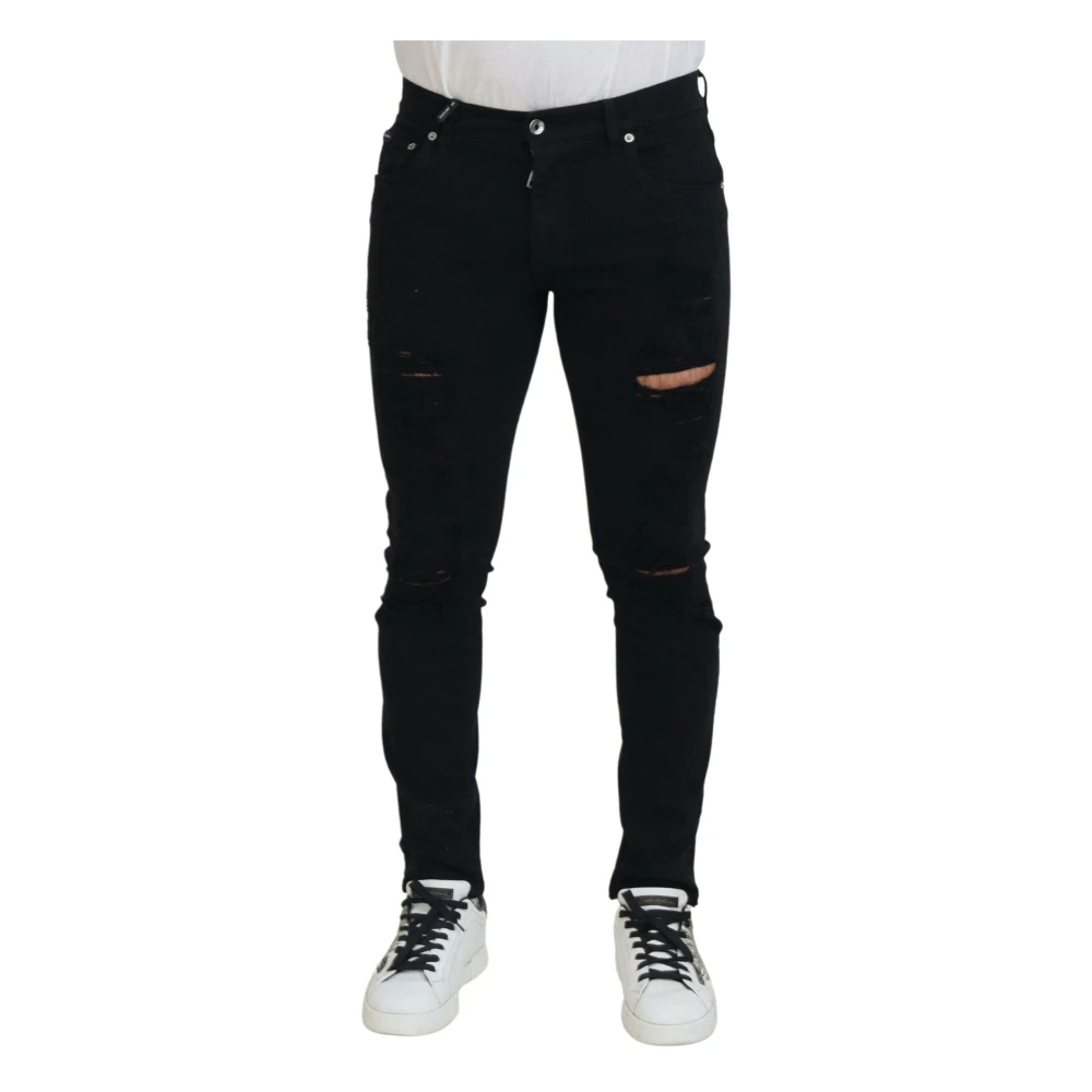 Dolce & Gabbana Zwarte Slim Fit Gescheurde Denim Katoenen Jeans Black Heren