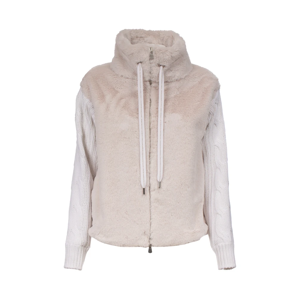 Le Tricot Perugia Ecofur Hoge Hals Jas Wol Zijde Kasjmier Beige Dames