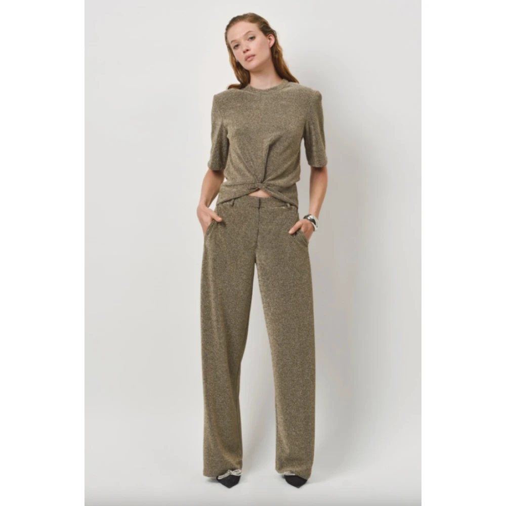 Dante 6 Champagne Lurex Top met Knoopdetail Beige Dames