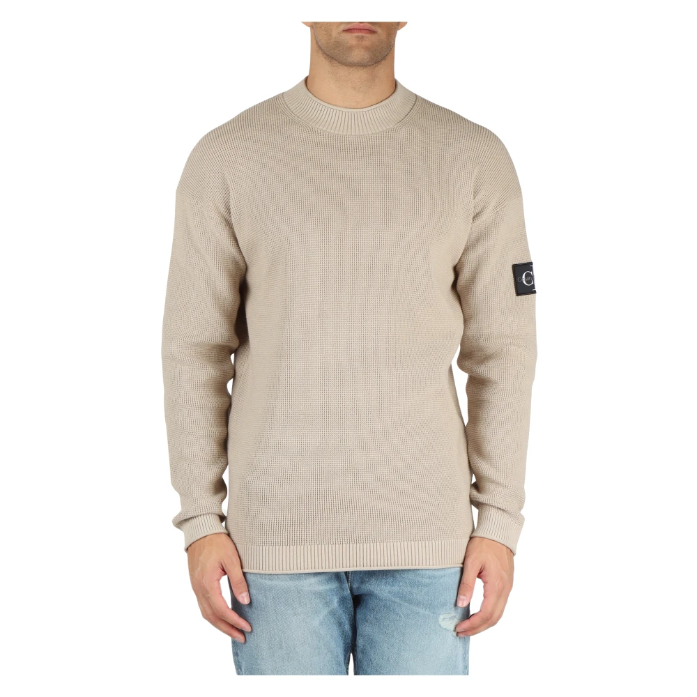 Calvin Klein Jeans Katoenen Crewneck Sweater met Logo Patch Beige Heren