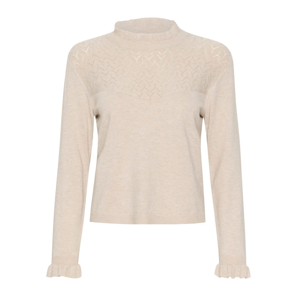 Cream Stickad blus med volangdetaljer Beige, Dam