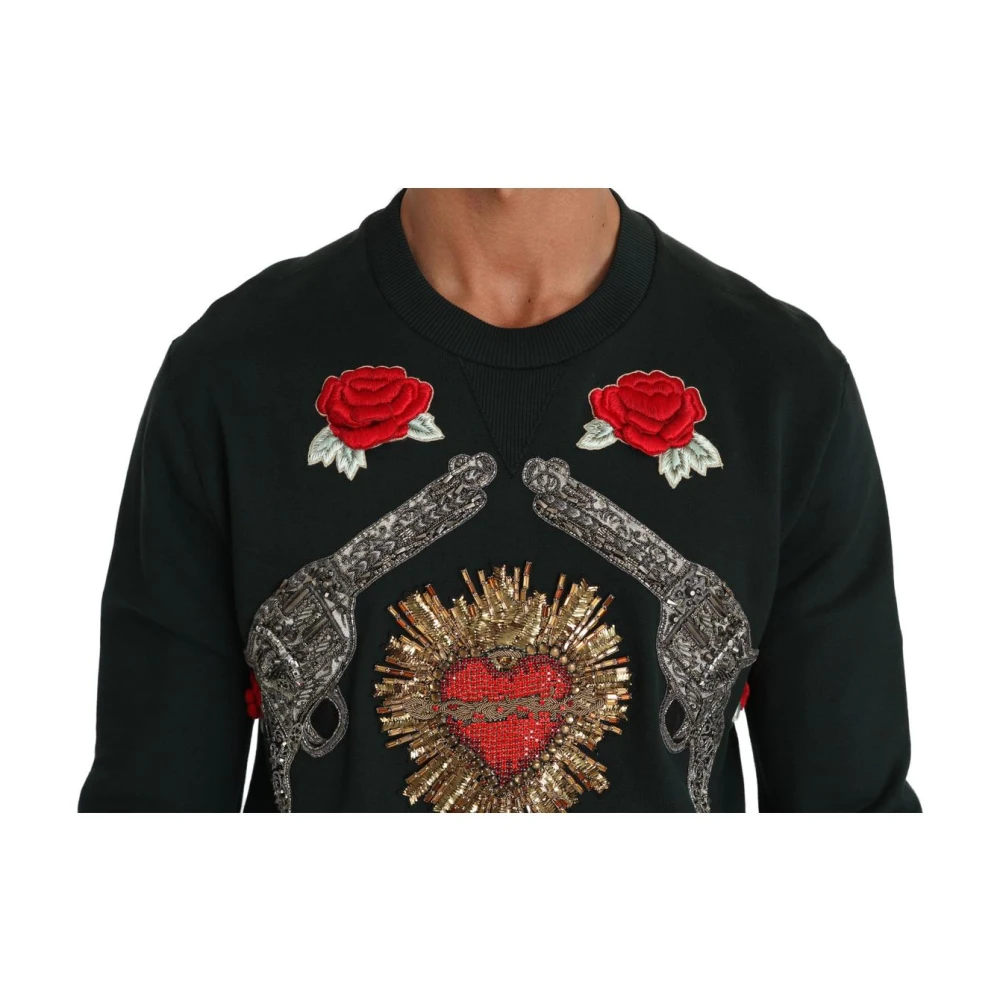 Dolce & Gabbana Men's Green Sweatshirts, 2XL, Crewneck Sweatshirt Guns And Roses