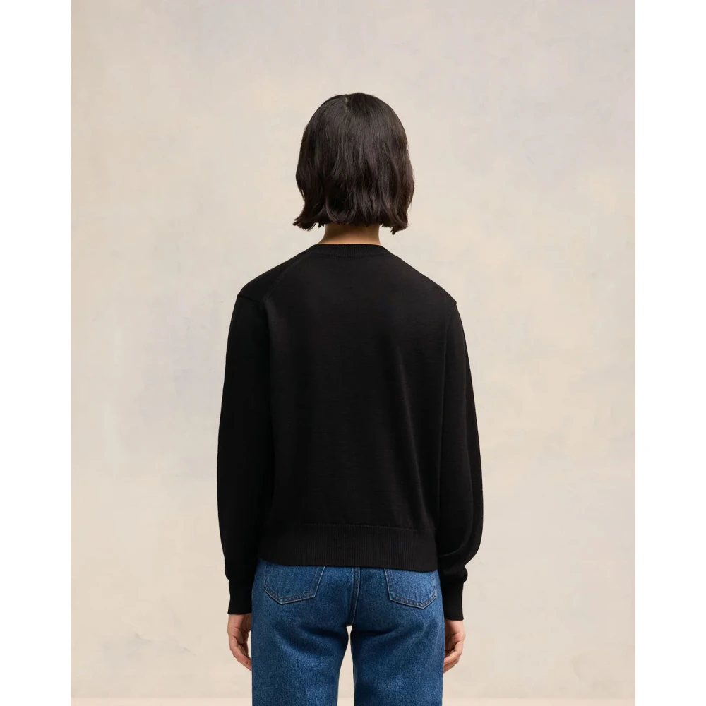 Ami Paris Klassieke Merinowollen Trui met Rode Borduursels Black Dames