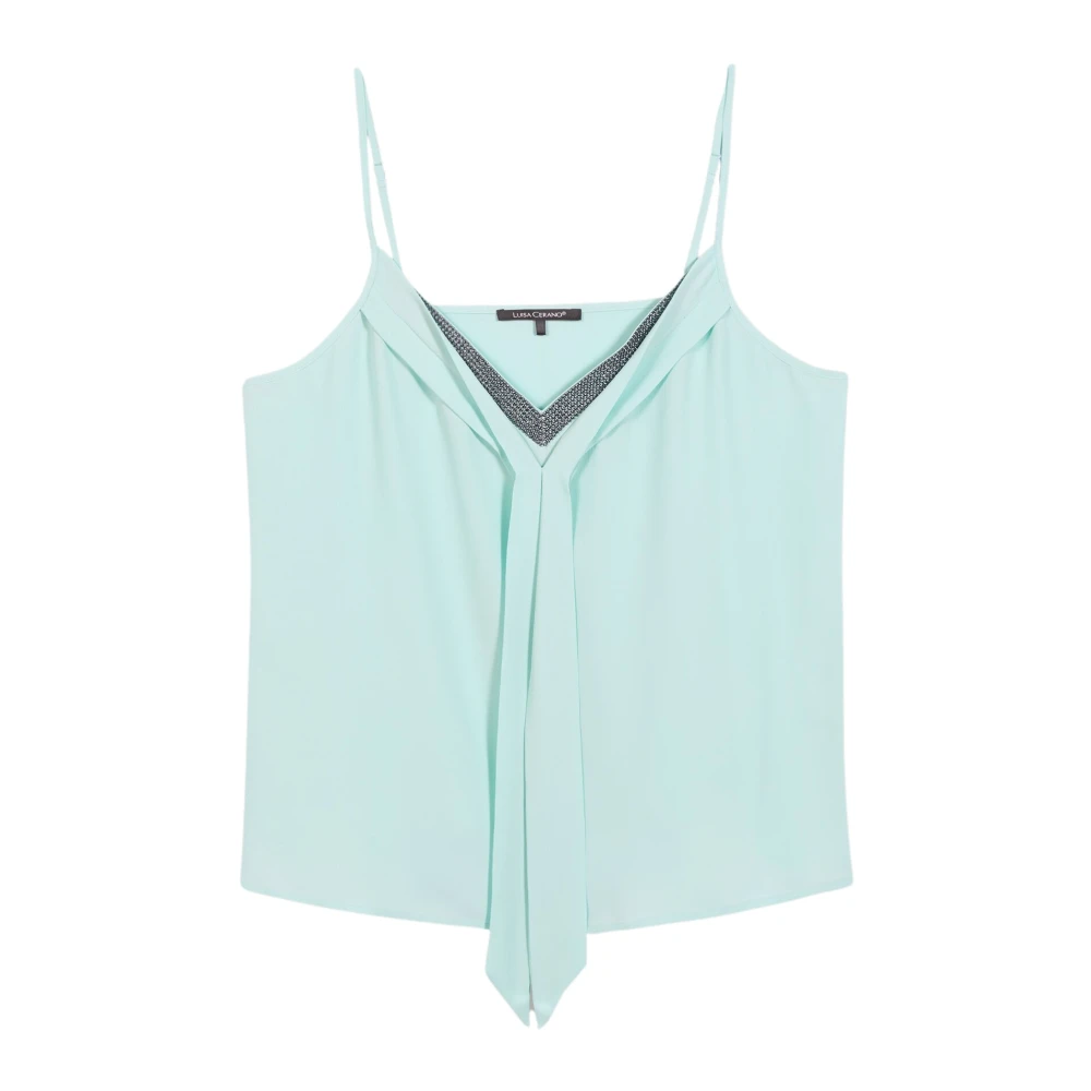 Luisa Cerano Women's Green Sleeveless Tops, Xs, Silk Blend Camisole Top With Sparkling Rhinestones
