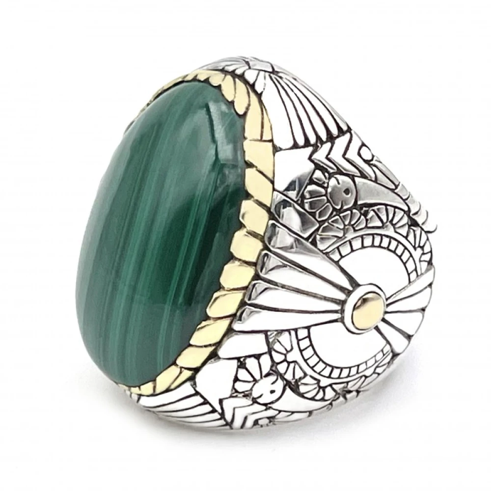 Jalan Jalan 925 Sterling Silver Ring med Oval Malakit Multicolor, Unisex