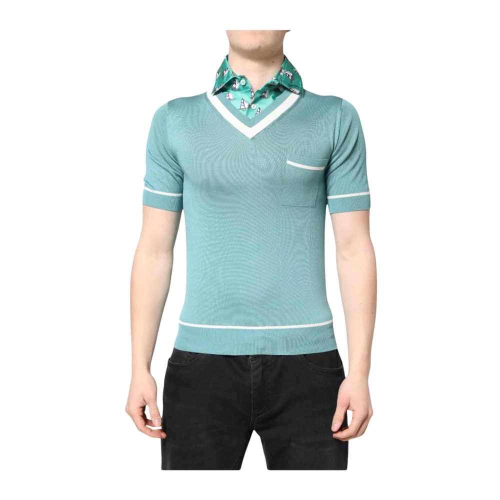 Dolce & Gabbana Men's Green Silk V-Neck Top