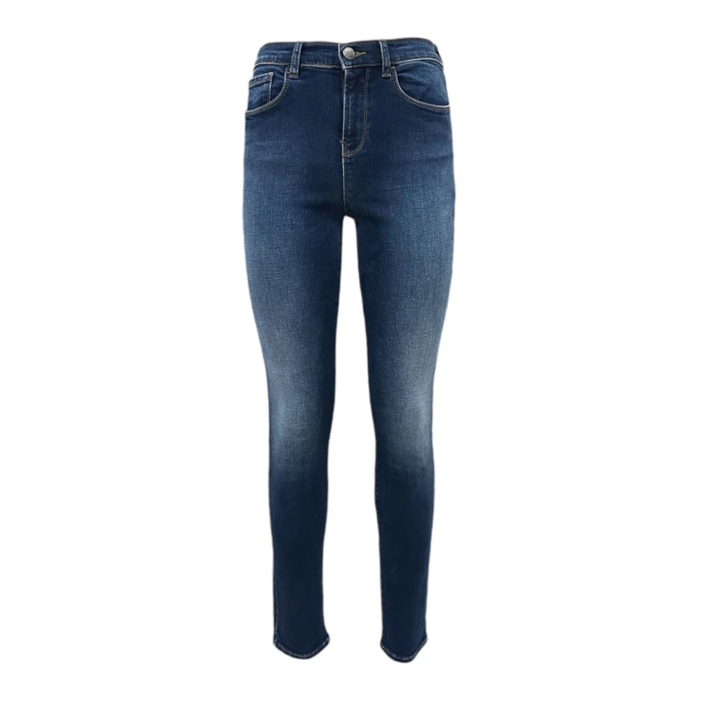 Emporio Armani Skinny Fit Denim Jeans met Leren Logo Blue Dames