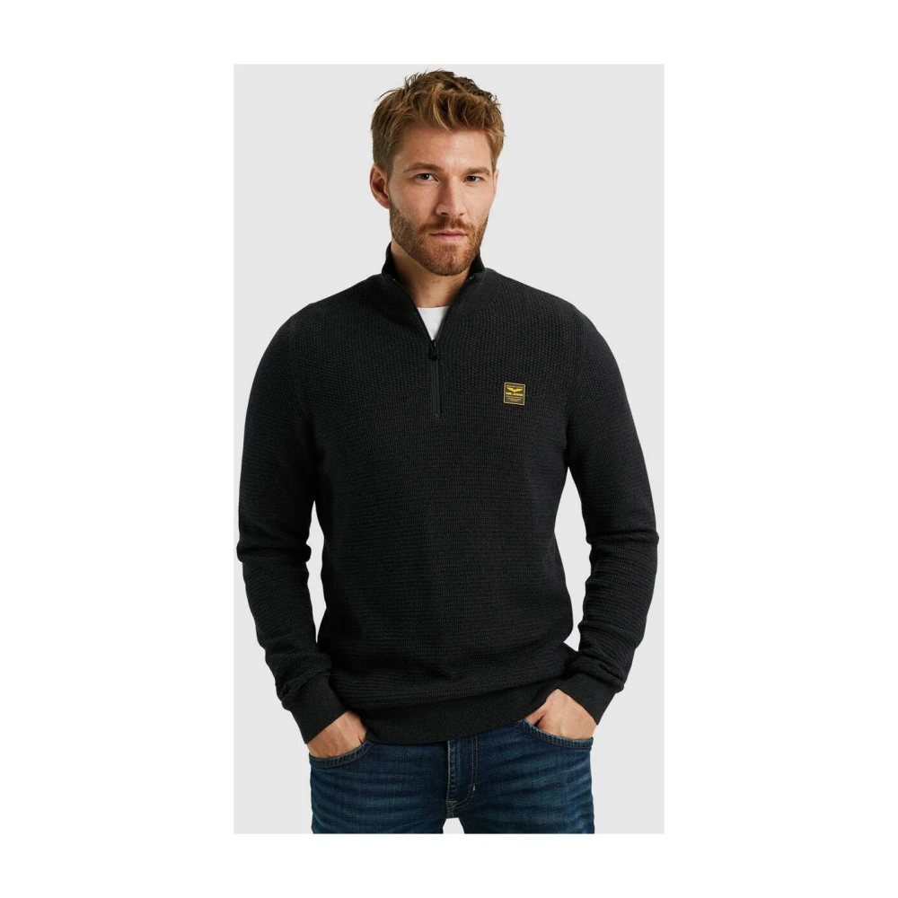 PME Legend Halve Rits Katoen Mouline Pullover Black Heren