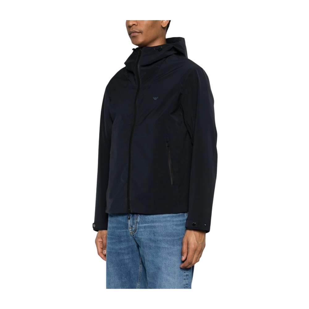 Emporio Armani Mannelijk Blauw Jassen Heren, L, Nylon, Nylon Blouson Met Capuchon En Warmtegeplakte Ritsen