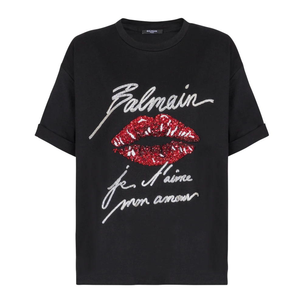 Balmain T-shirt met kus borduurwerk en korte mouwen Black Dames