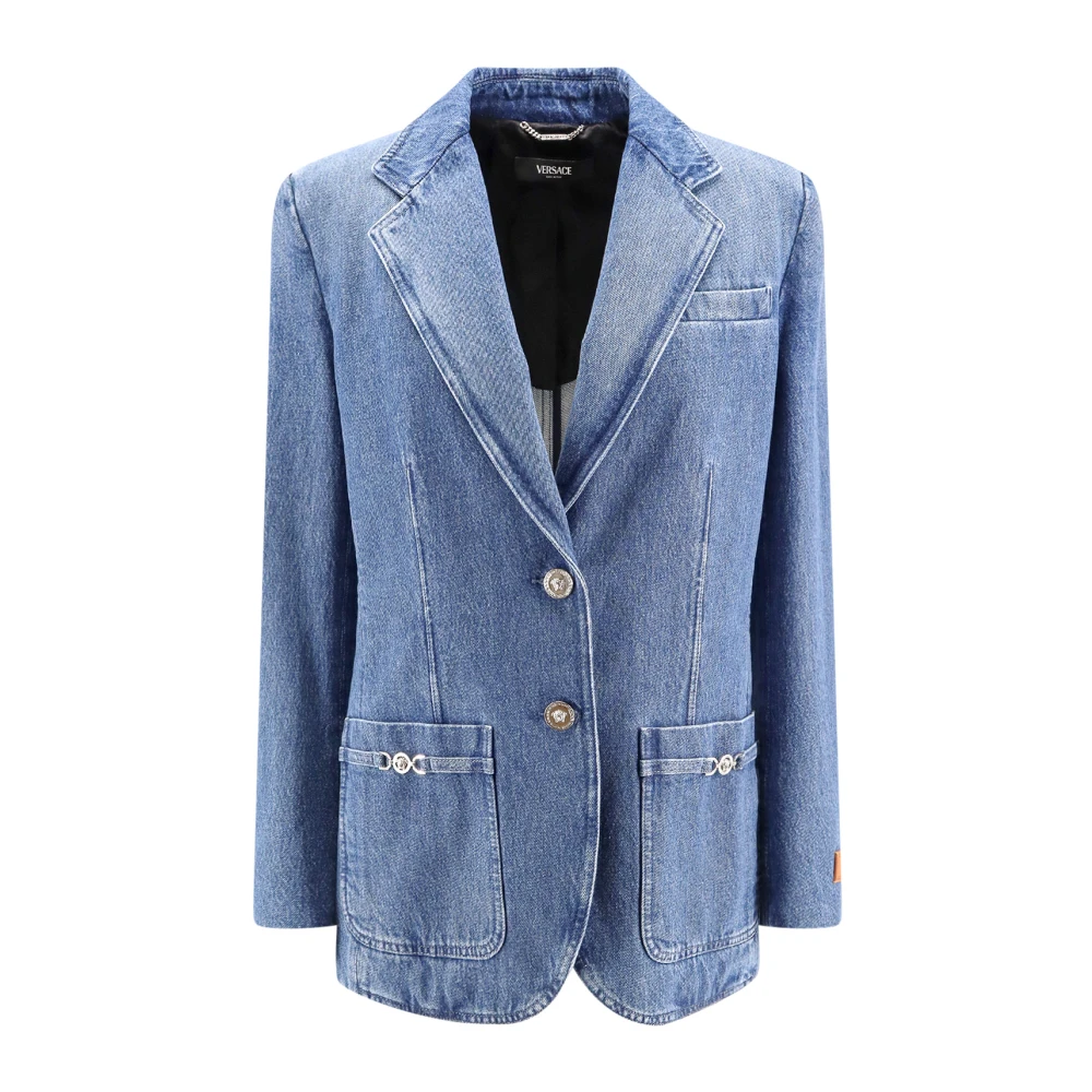 Versace Blauwe Denim Blazer met Medusa Knopen Blue Dames