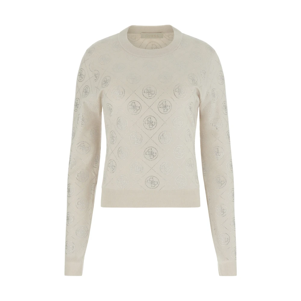 Guess Women's Beige 4G Rhinestones Jumper - Round-Neck Knitwear - L - Knitwear
