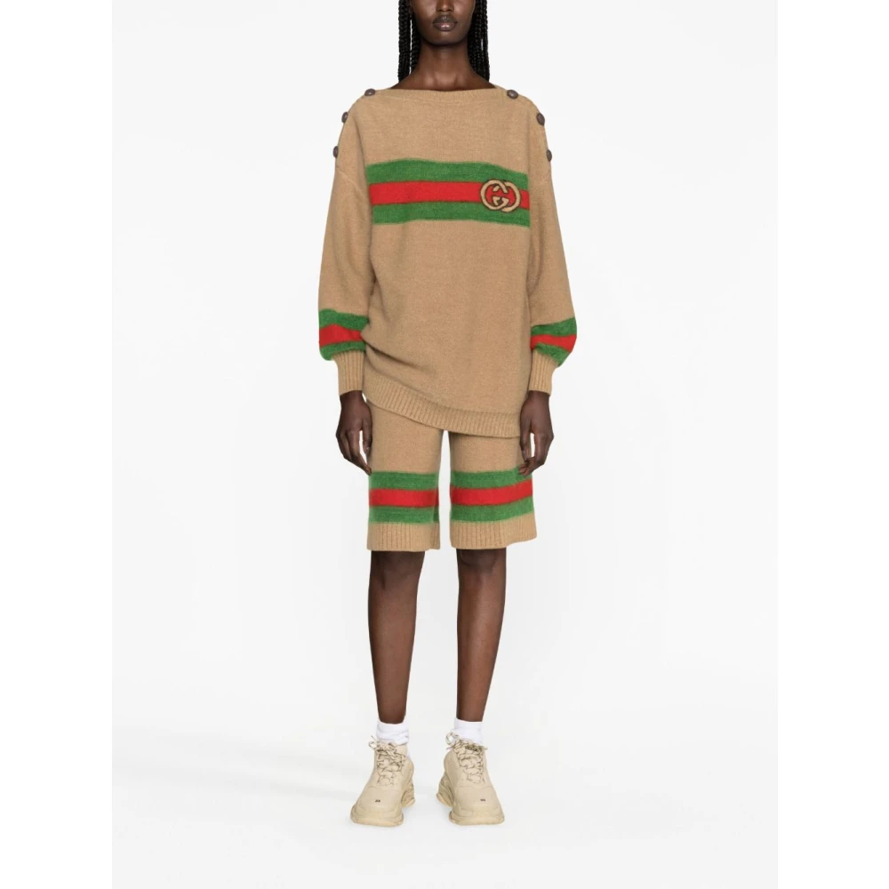 Gucci Interlocking G Patch Gebreide Trui Brown Dames