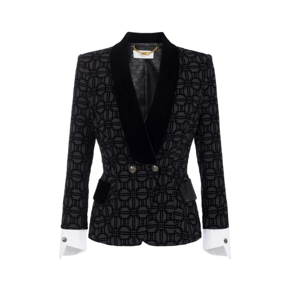 Elisabetta Franchi Flock Print Double-Breasted Jas Black Dames