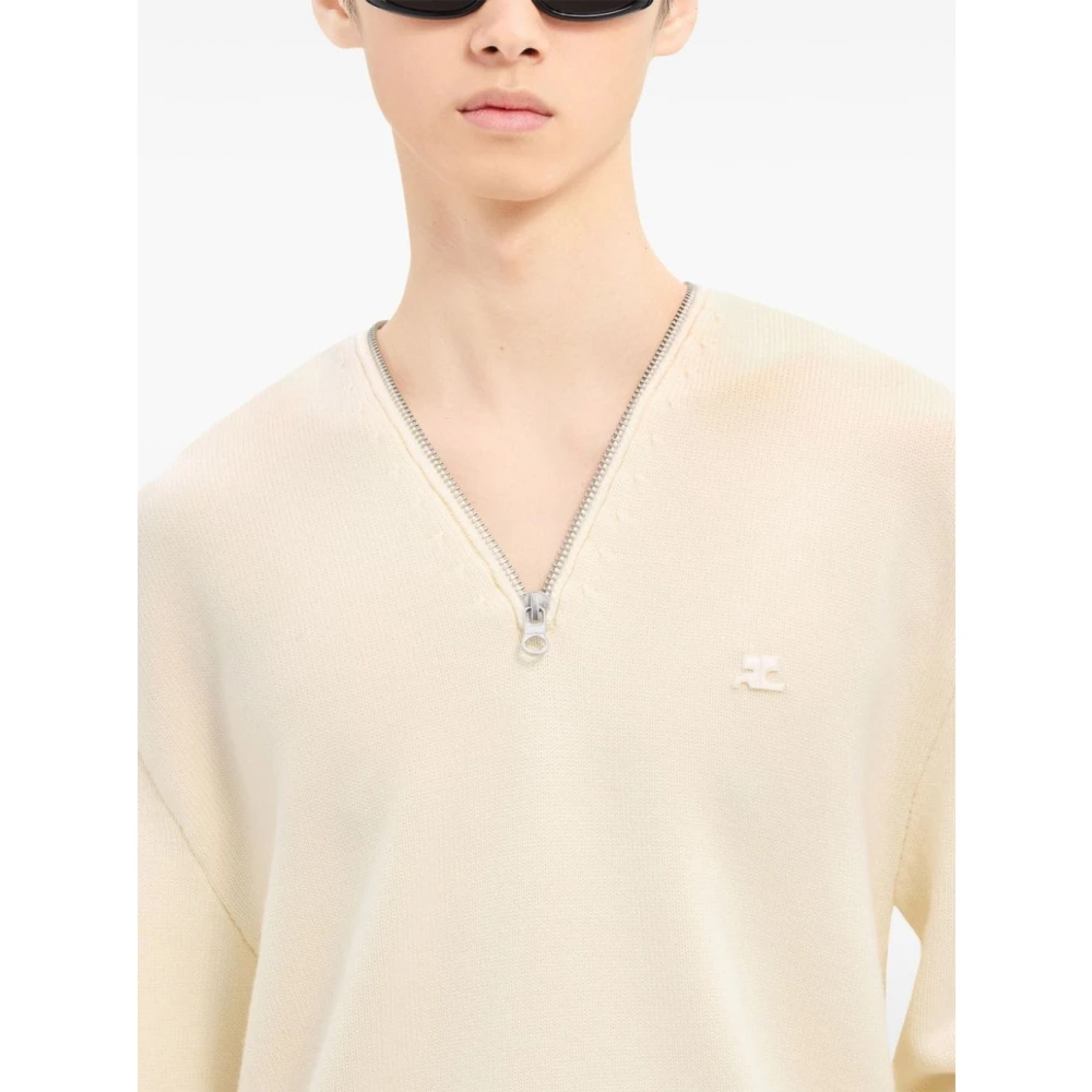 Courrèges Beige V-hals Wollen Trui met Ritsdetails Beige Dames