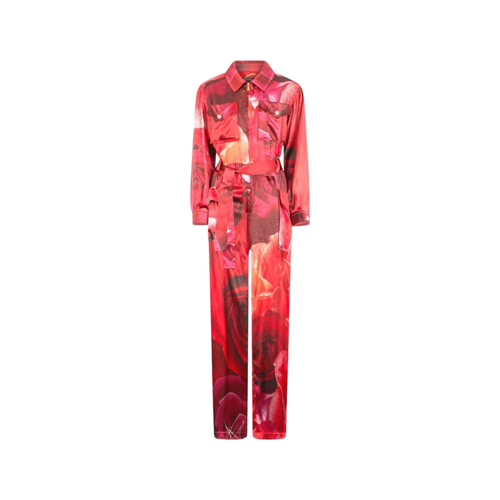 Roberto Cavalli Red Jumpsuits, Female, M, Rose-Print Shirt-Style Jumpsuit