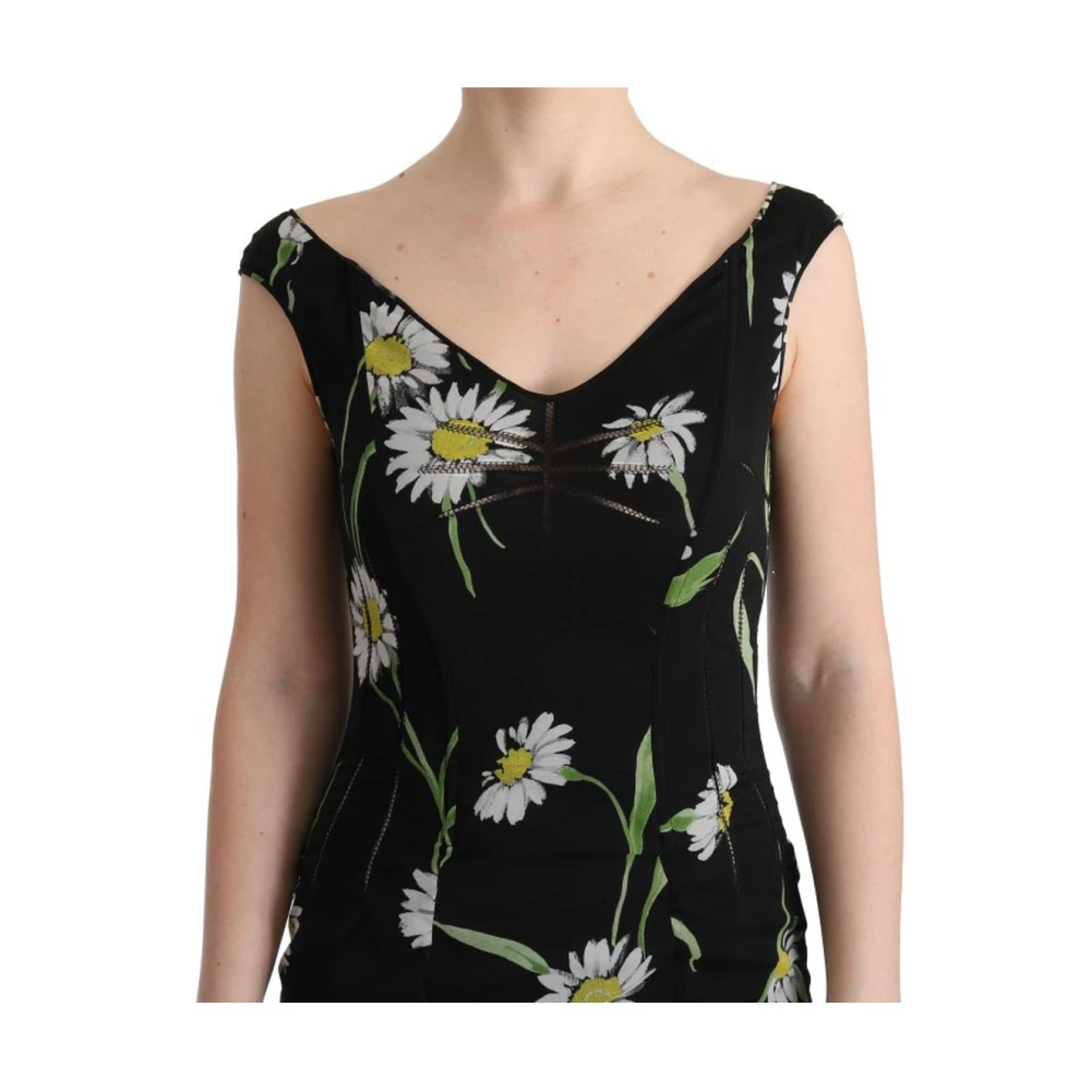 Dolce & Gabbana Zonnebloemprint Maxi Jurk Mouwloos V-hals Black Dames