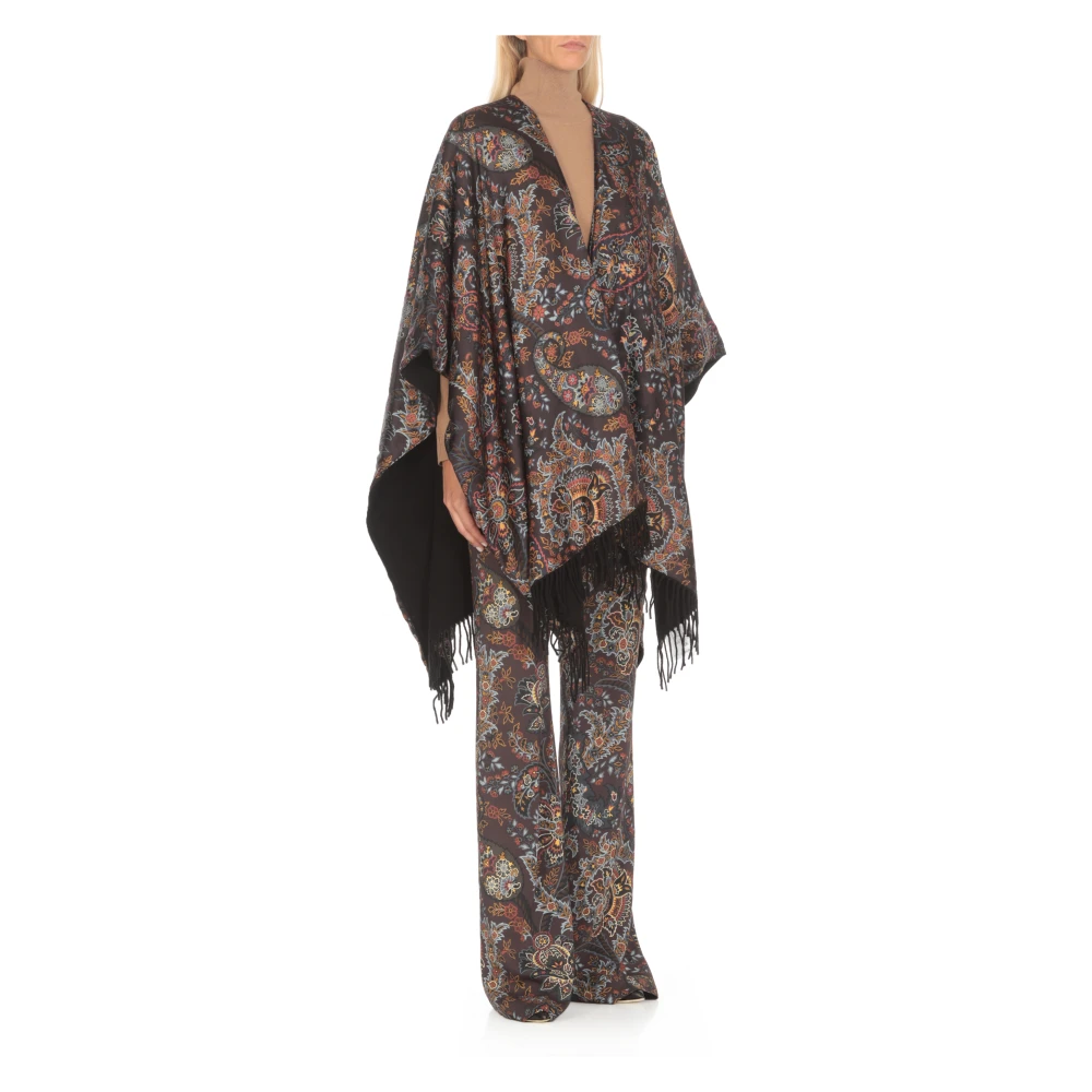 ETRO Zwarte Bloemenponcho met Franjes Multicolor Dames