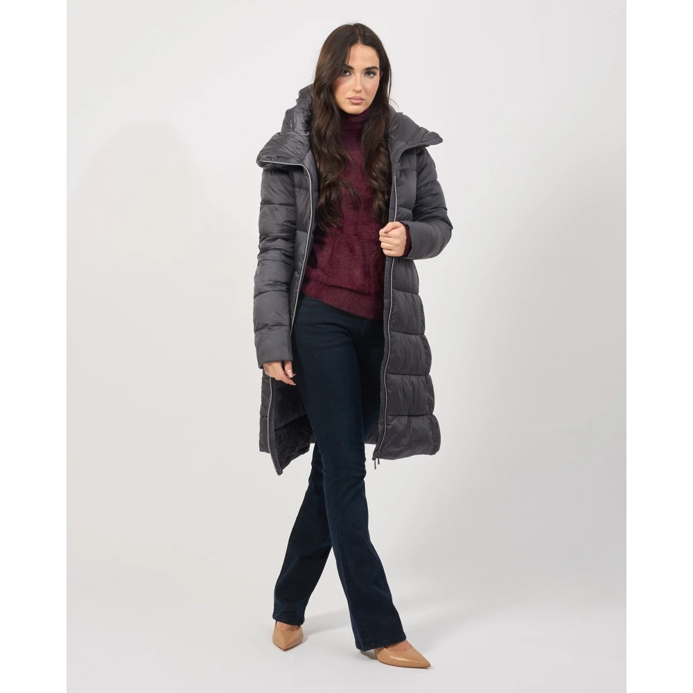 Save The Duck Grijze Gewatteerde Lange Jas met Capuchon Gray Dames