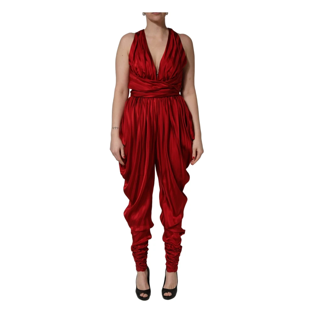 Dolce & Gabbana Women's Red Plunging Halterneck Draped Jumpsuit Dress - Jumpsuits - S - Jumpsuits & Playsuits