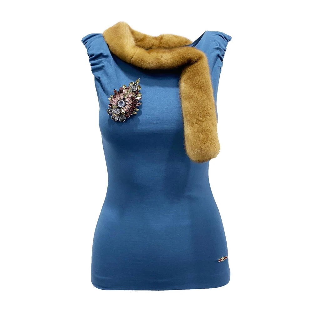 Dsquared2 Mouwloze Top met Bontkraag en Kristallen Broche Blue Dames