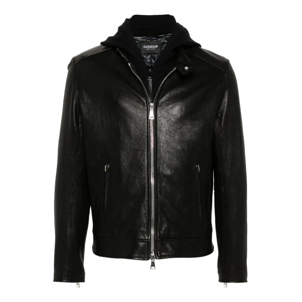 Dondup Zwarte Leren Hoodiejas Gehamerd Patroon Black Heren