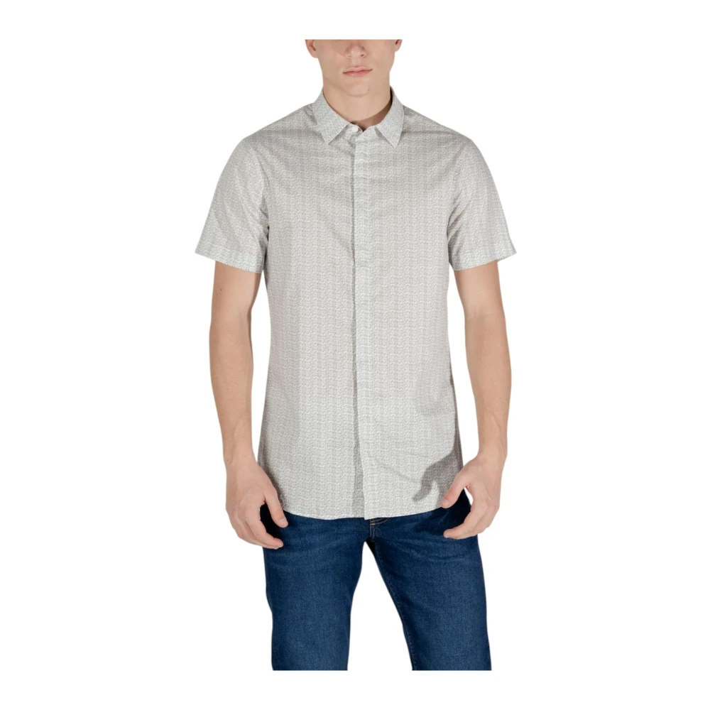 Armani Exchange Men's Beige Geometric Pattern Short Sleeve Classic Collar Shirt